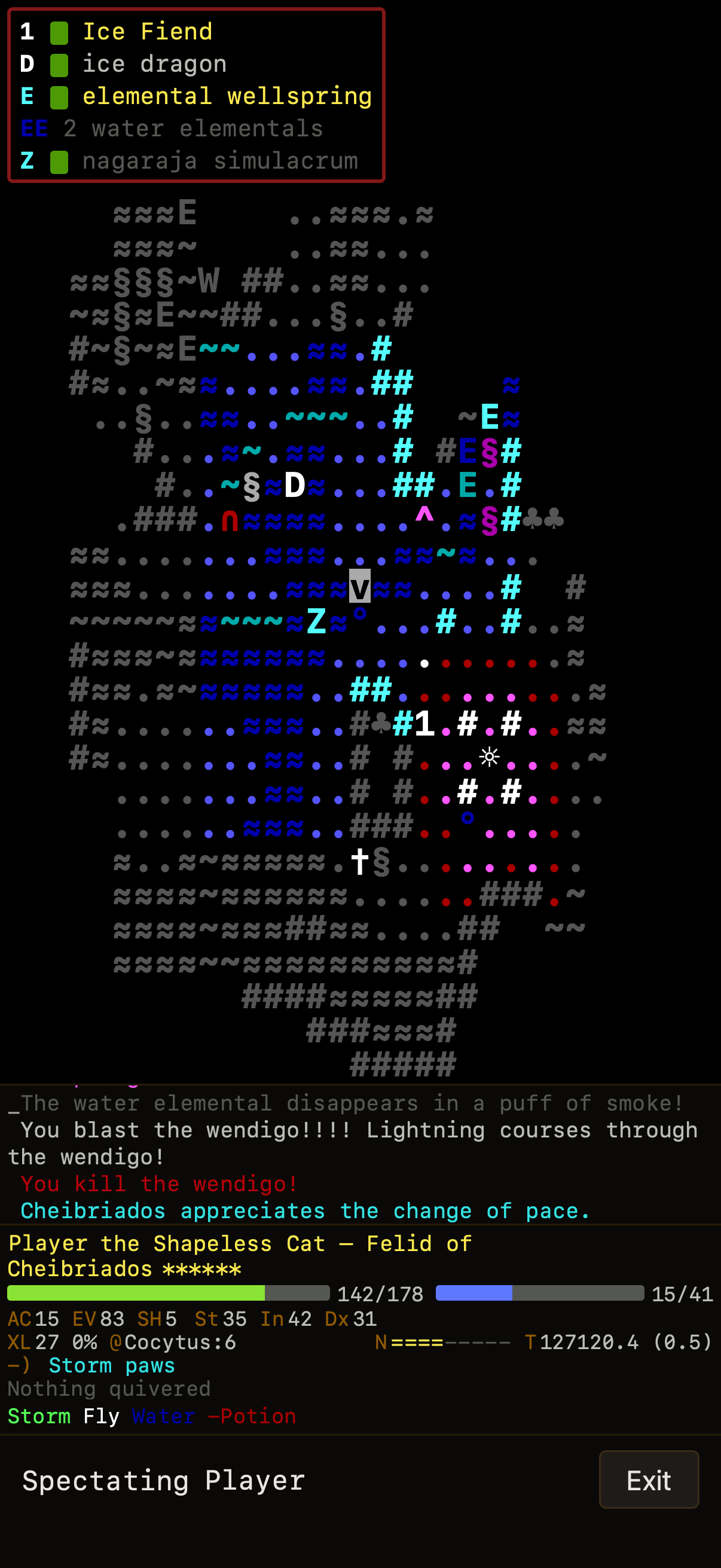 Spectator view of a Felid run in Cocytus, rendered in ASCII, with the floating monster list