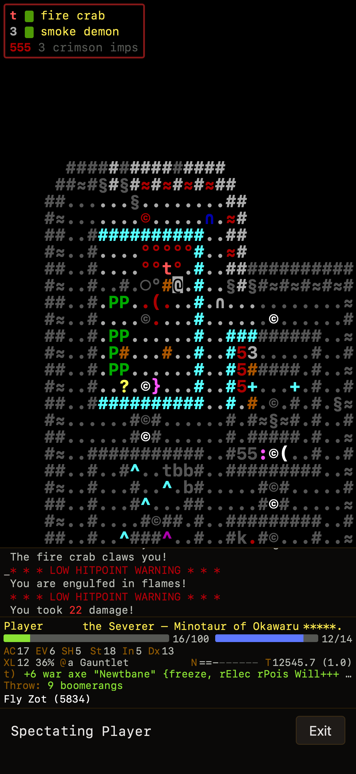Spectator view of a Minotaur run in a Gauntlet, rendered in ASCII