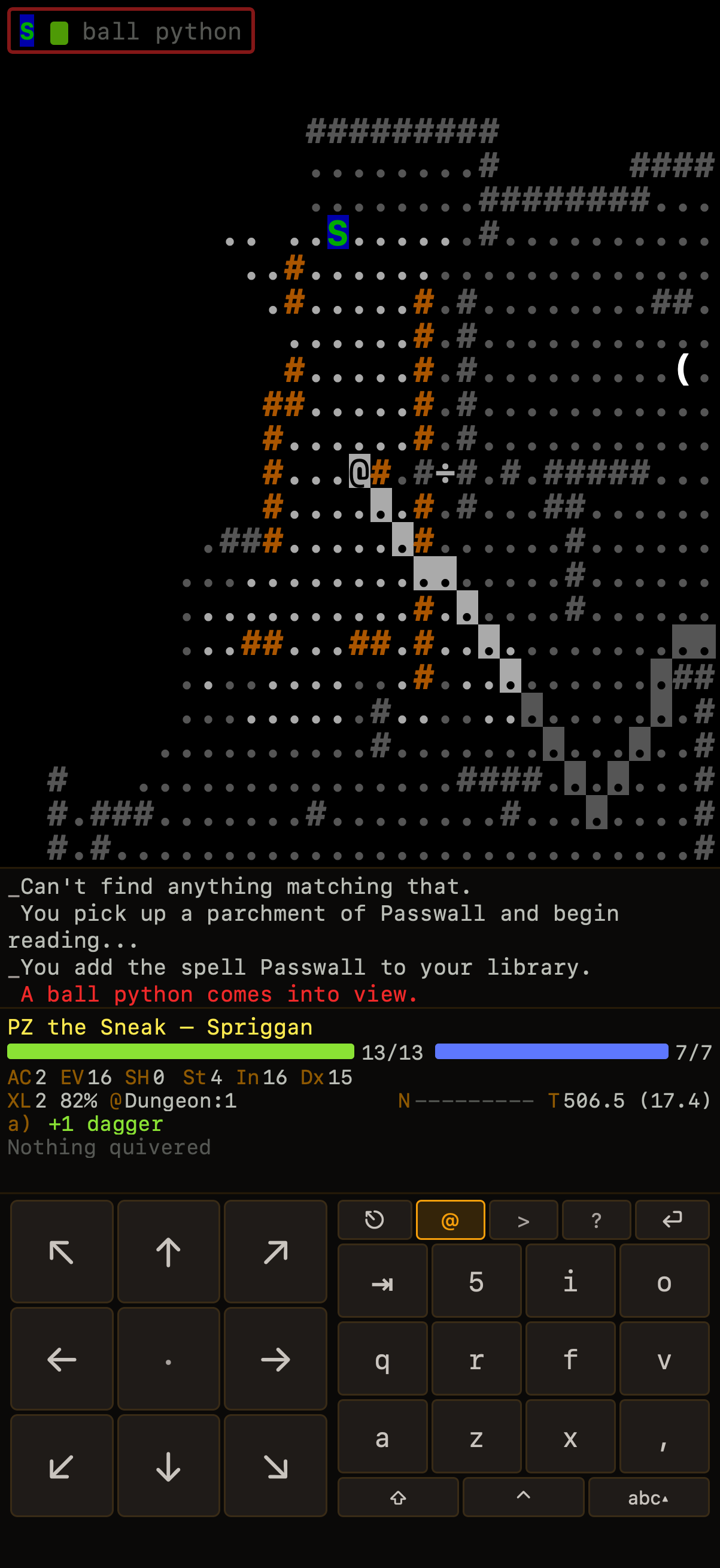 ASCII dungeon map with touch controls